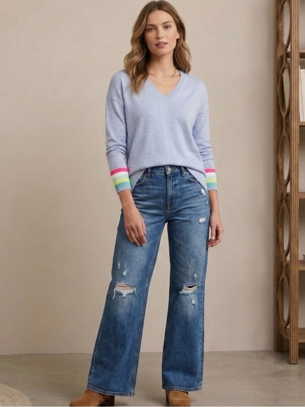 Lisa Todd Cotton Crewneck Blue V-Neck Sweater with Rainbow Cuff Detail SZ XS